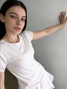Women's Plain Blouse, Summer/Spring Style, Round Neck, With Lace, Eyelet Embroidery, Fan Shape, Ruffled Hem, Beach Style - White - View 3