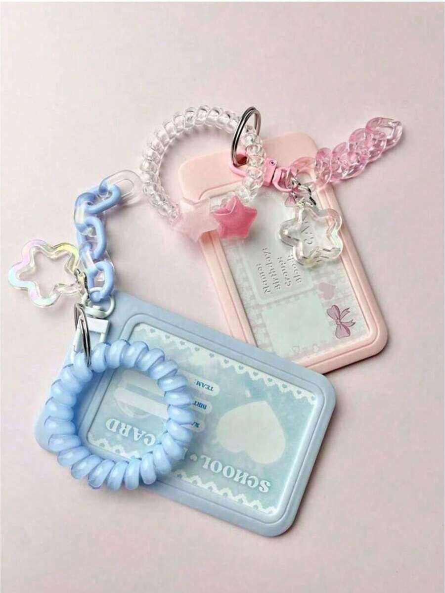 Transparent Pink Star-Shaped Pendant Keychain Card Holder/Photo Clip, Durable Clear ID Card Holder Macaron Color Acrylic Decorative Chain Keychain DIY Pendant Jelly Color High Elastic Telephone Wire Hair Scrunchies