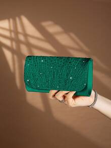 REMANLAND 闪亮水钻装饰链条单肩包，磁扣闭合，优雅时尚的派对手拿包，适合女士生日派对、迷人晚宴等场合 - 墨綠色 - 查看 4
