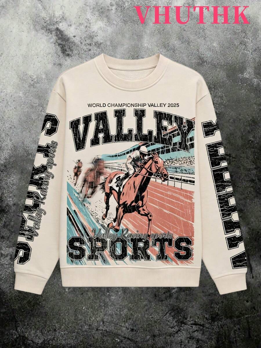 VHUTHK (250g Pure Polyester Round Neck Pullover Sweater)Y2K <Valley Sports World Championship 2025> Pattern Printing,  Filament Effect  Y2K Men's Round Neck Sweater In Autumn And Winter. - 杏色 - 查看 1