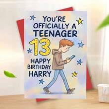 Personalized 13th Birthday Card For Harry - Funny 'Officially A Teenager' Greeting Card With Boy On Phone Design, Stars & Rustic Decor, Perfect Teen Gift For Son, Friend, Or Grandson - Multicolor - View 7