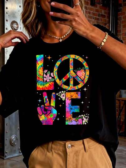 Camiseta de disfraz hippie con signo de la paz y amor de los años 60 y 70, teñida con laécnica tie-dye, camisetas impresas para mujeres nuevas de 2026, estilos populares, camisetas de primavera para mujeres, camisetas de invierno, camisetas de para mujeresás vendidas