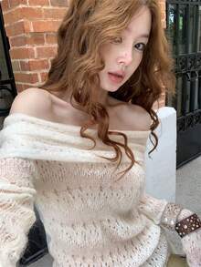 Áo khoác dệt kim tay dài hở vai kiểu Hàn Quốc thu đông mới, chất liệu mỏng nhẹ, hơi trong suốt, thích hợp cho nữ, đi chơi và hẹn hò mùa xuân. - Màu be - Xem 4