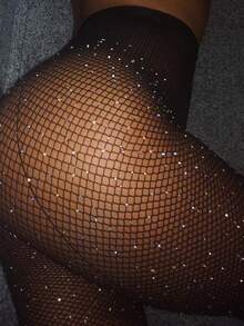 1 Pair Decorative Diamond Mesh Stockings, Thin Pantyhose For Spring/Summer, Hot-Pressed Diamond Mesh Leggings, Ultra-Thin Sheer Socks For Summer, Sexy Fishnet Tights, Mature Nightclub Style - Black - View 4