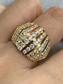 1pc Women's Copper Plated Silver Zirconia Ring, Fashionable And Versatile For Daily Wear - Yellow Gold - View 4