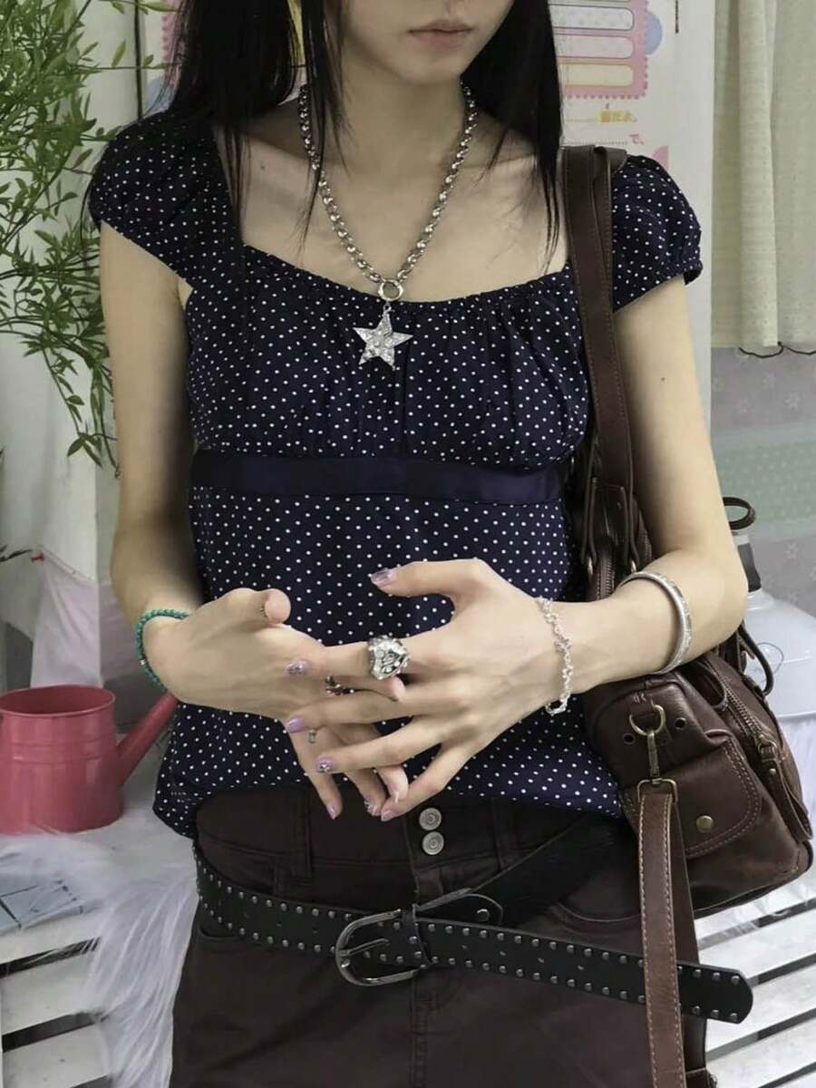 Women Y2k Babydoll Shirt Fairy Grunge Scoop Neck Cap Sleeve Polka Dot Tie Back Flowy Slim Fit Tee Vintage Aesthetic Ruffle Short Sleeveless 90s Preppy T-Shirts Teen Girls Going Out Tops Club Streetwear - 藍色 - 查看 1