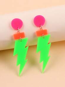 2pcs Fashionable Geometric Circle, Rectangle, Lightning Shaped Acrylic Long Earrings For Women - Geometric Lightning - View 10