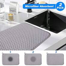 XISH 2 Tapete de Secado de Platos para Encimera de Cocina 38*50cm Alfombrillas de Microfibra para Secado de Platos Escurridor de Platos Absorbente de Microfibra Tapete para Encimera Fregaderos Cocina - Gris - Ver 6