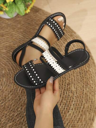 Sandalias planas de mujer con doble capa ondulada y calada, sandalias planas de cuero PU elegantes y casuales con diseño bohemio de color block, con cristales, para vacaciones, playa y uso al aire libre en verano