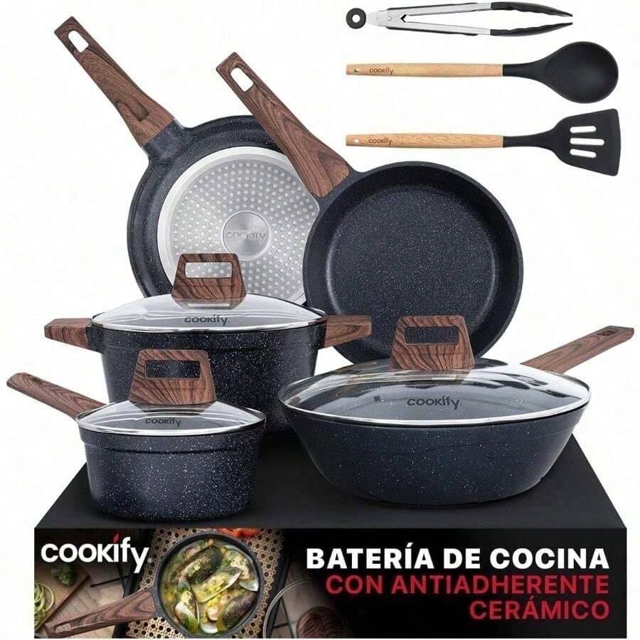 &Cookify Bateria de Cocina con Antiadherente Cerámico Set 11 Pzas - Juego de Sartenes Wok Ollas Cacerolas y Utensilios 100% Libre de PFOA Mármol Negro - Multicolor - Ver 1