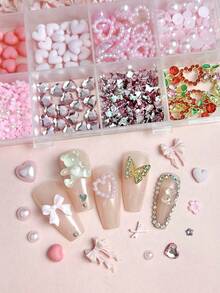 1 Box zufällig gemischte ABS rosa Schleifen Nagel Dekoration, 3D herzförmige Strass rosa Perlen, geeignet für Valentinstag Partys, Nail Art Zubehör DIY - Verschiedenfarbig - Übersicht 6
