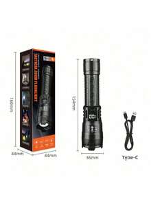 1 pieza Linterna LED súper brillante de alta potencia, recargable por USB, linterna táctica con pantalla LCD del nivel de batería, resistente al agua, con batería incorporada, para patrulla al aire libre, accesorios de camping de emergencia - Negro - Ver 11