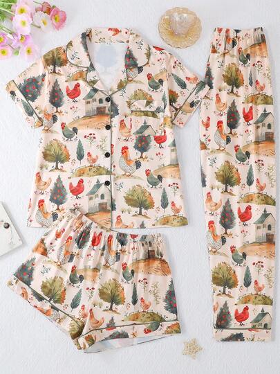 3pcs Sets Women Sleepwear Suit, Featuring Cooling Short Sleeve, Farmhouse Chicken Pattern, Shorts & Long Pants, Polo Collar Button Short Sleeve, Comfortable Loose Fit, Suitable For All Seasons