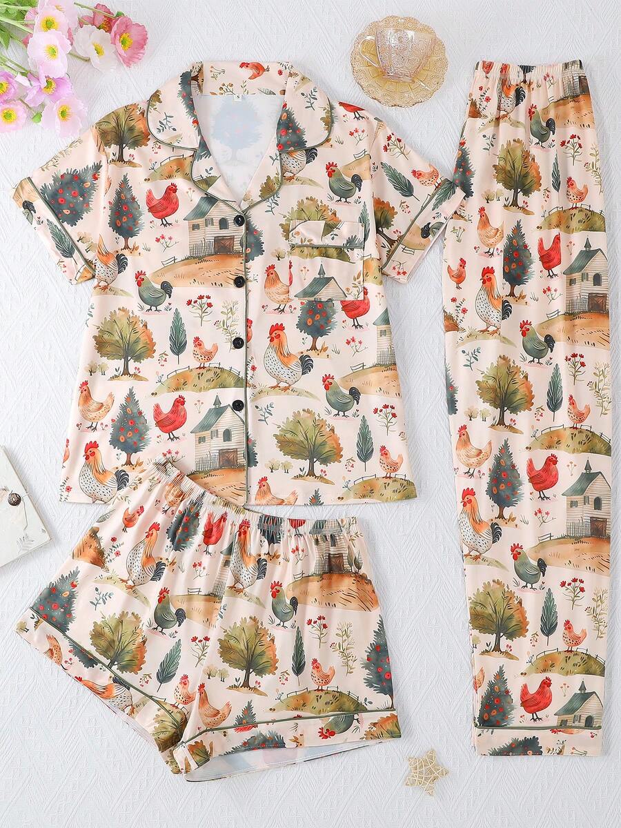 3pcs Sets Women Sleepwear Suit, Featuring Cooling Short Sleeve, Farmhouse Chicken Pattern, Shorts & Long Pants, Polo Collar Button Short Sleeve, Comfortable Loose Fit, Suitable For All Seasons