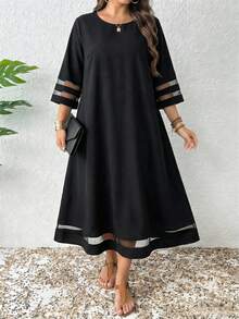 大码女士优雅黑色长连衣裙，圆领短袖喇叭下摆系带连衣裙，搭配时尚的薄纱袖子和下摆 - 黑色 - 查看 5