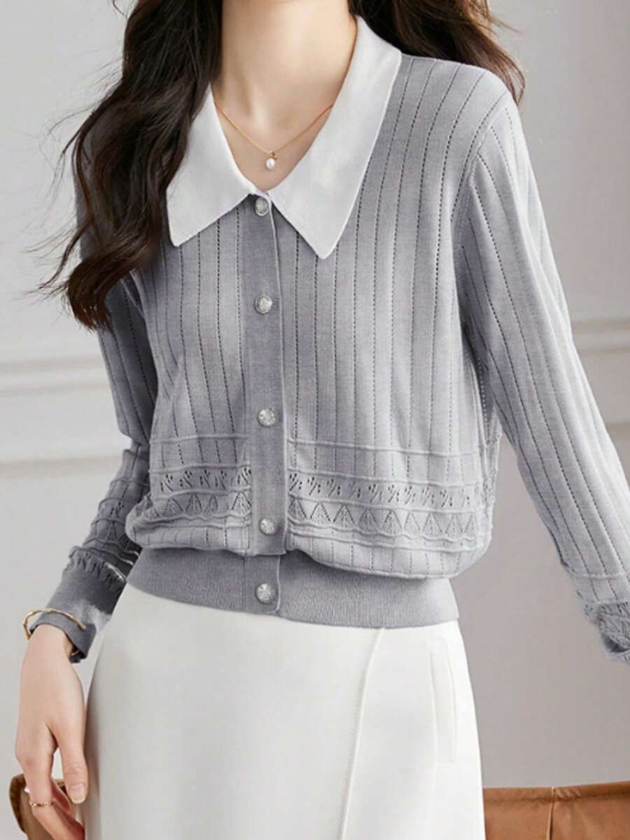 Women's Turndown Collar Knitted Cardigan, Elegant Age-Reducing, New Autumn/Winter Fashion Slim Fit Sweater Top - Gray - View 1
