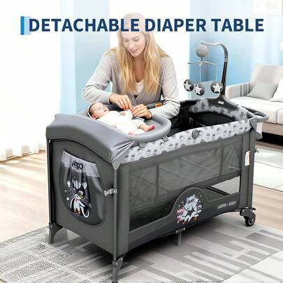 5 In 1 Travel Cot, Foldable Baby Bedside Sleeper With Bassinet, Diaper Changer, Mattress, Hanging Toys, 4 Adjustable Heights, Lock Guard, Quick-Fold Infant Crib From Newborn To Toddlers, Dark Grey