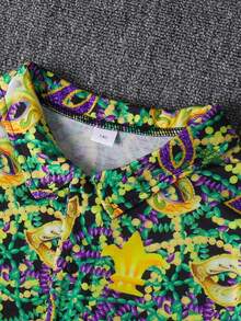 1pc Carnival Masquerade Ball Ribbon Print Revere Collar Short Sleeve Button-Up Shirt, Carnival Costume, Lightweight Breathable, Boys Casual Shirt - Multicolor - View 3