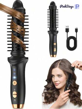 PinkSings 4000mAh 迷你无绳热刷 - 迷你小型加热旅行卷发器，适合短发，卷发器卷发刷，用于发型设计卷发器