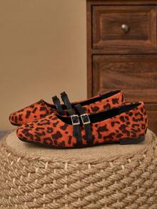 WHDXY Women's Leopard Print Square Toe Mary Jane Flat Shoes, Double Strap Double Buckle Loafers, Vintage Versatile Comfortable For Commuting And Casual Wear - Orange - View 3