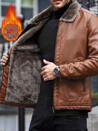 Men's Jacket, Warm Thermal Lined Turndown Collar PU Leather Casual Jacket For Autumn/Winter