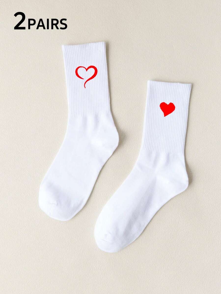 1/2 Pair Couple Crew Socks, White Heart Design, Minimalist Fashion Versatile Cute Soft Comfortable Moisture-Wicking, Suitable For Valentine's Day, Mother's Day - Multicolor - View 1