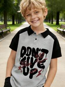 Boys' Casual Slogan Print Polo Collar T-Shirt, Pullover, Summer New Arrival, Suitable For Summer Wear - Grey - View 7