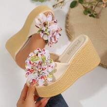 Women's Bow Decor Thick Sole Wedge Slide Sandals, Lightweight Open Toe Casual Beach Outdoor Slippers - White - View 2