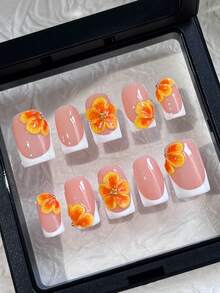 10pcs Short Square Handmade Press-On Nails, Pink Base, White French Tips, 3D Yellow Flower Carving, Simple And Cute Acrylic Nails, Suitable For Girls And Ladies' Daily, Date, Vacation, And School Nail Decorations. Includes Jelly Gel And Nail File. - Multicolor - View 1