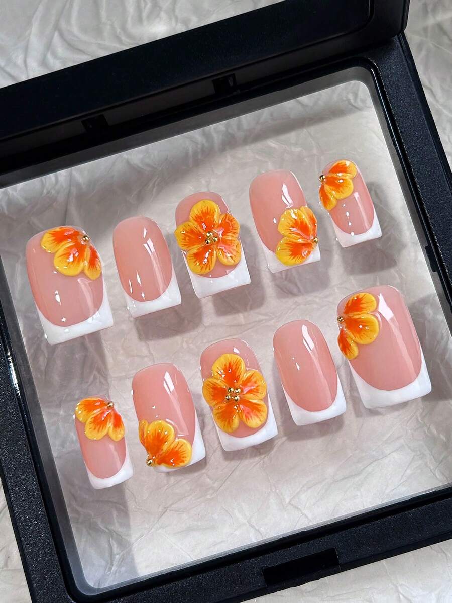 10pcs Short Square Handmade Press-On Nails, Pink Base, White French Tips, 3D Yellow Flower Carving, Simple And Cute Acrylic Nails, Suitable For Girls And Ladies' Daily, Date, Vacation, And School Nail Decorations. Includes Jelly Gel And Nail File. - Multicolor - View 1