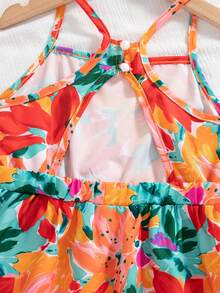 Girls Casual Cutout Back Design Random Print Asymmetric Hem Knee-Length Dress, Summer - Orange - View 8