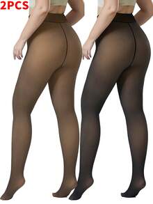 2 Piece Of Women's 200g Wool Lined Tights, Warm Pantyhose, Imitation Translucent Tights, Warm Transparent Thick Leggings, Suitable For Daily Wear At Home, Office, Etc. In Winter With A Temperature Of 15~0℃ - Đen + Nâu - Xem 10