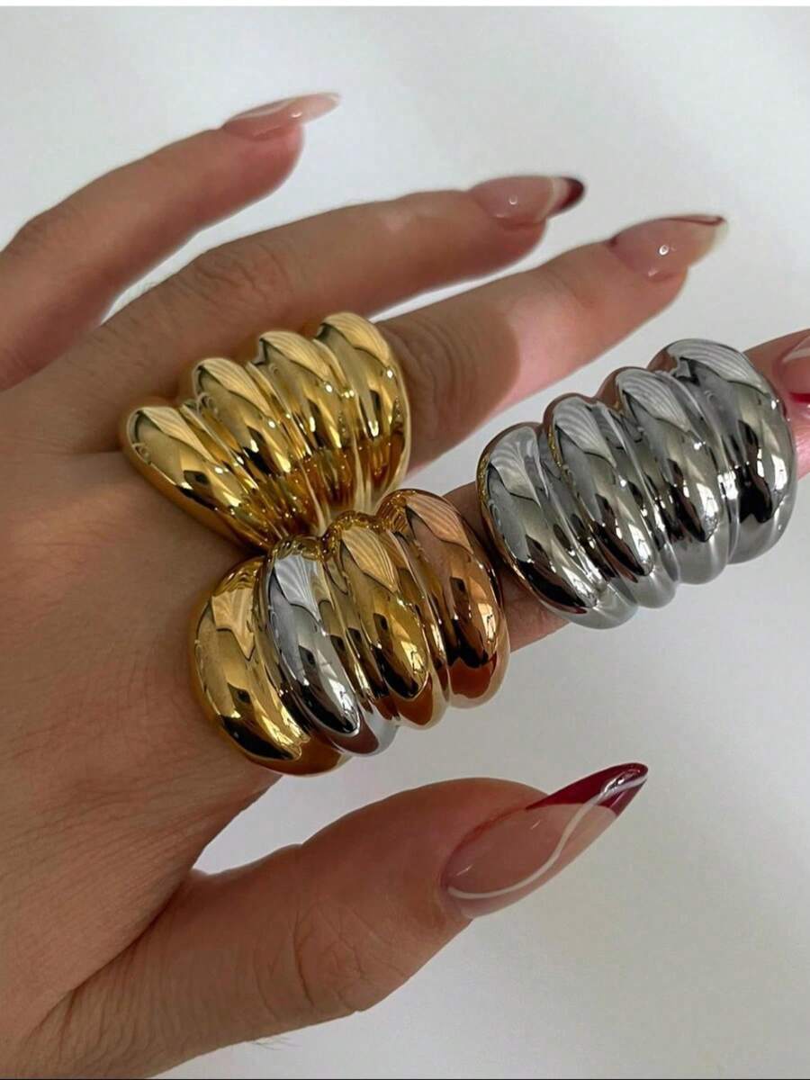 1 chiếc nhẫn thép không gỉ chống nước, không phai màu, không gây dị ứng, thiết kế tối giản 4 vòng cung, phong cách cá nhân hóa, chất lượng cao dành cho nữ, phù hợp để đeo hàng ngày. - Nhẫn nữ bốn dải bản rộng - Xem 1