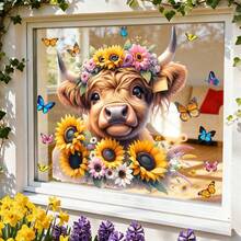 1pc Cute Highland Cow & Butterfly Static Cling Window Sticker, Removable & Reusable, Suitable For Decorating Living Room, Bedroom And Glass Doors, Modern Style