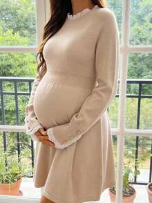 孕妇毛衣连衣裙，A字版型，领口和袖口饰有蕾丝花边，休闲日常穿着，针织长袖孕妇毛衣连衣裙 - 杏色 - 查看 2