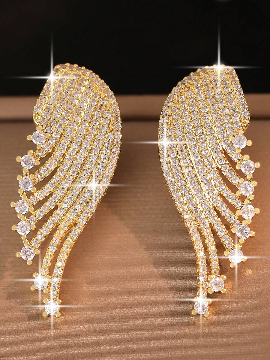 1 par de pendientes de botón con alas de circonita cúbica de lujo para accesorios de compromiso, adecuados para uso diario, fiestas de boda, cumpleaños, vacaciones, regalo de joyería - Amarillo Oro - Ver 1
