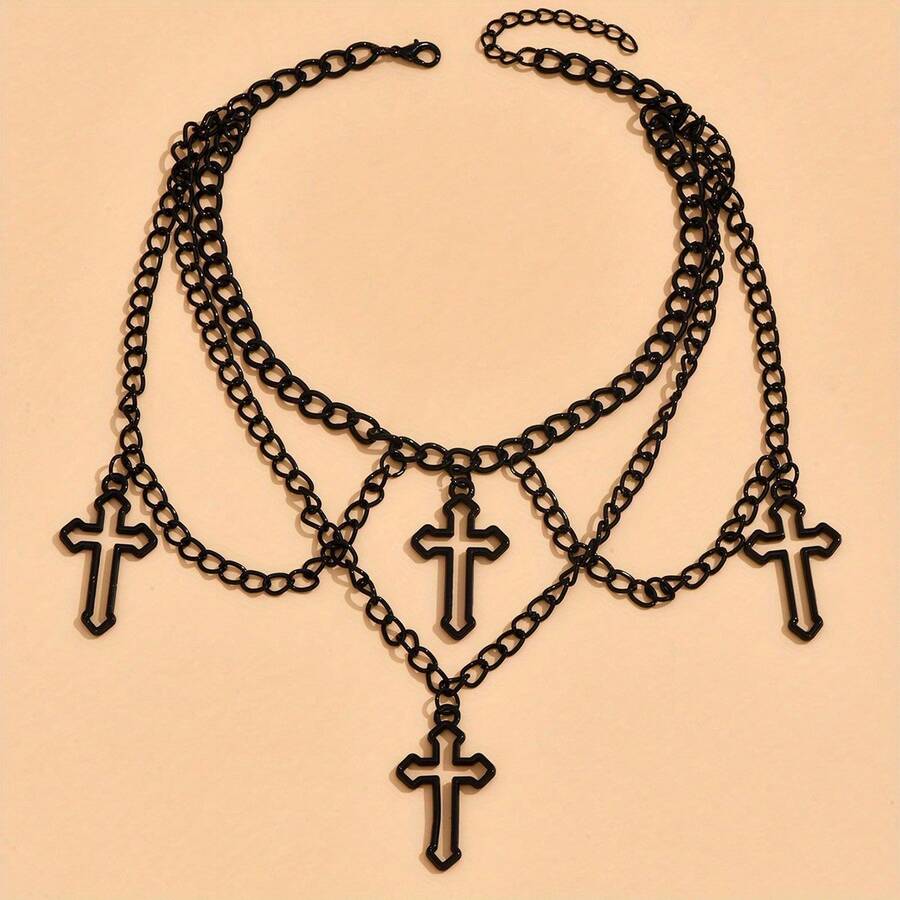 A Gothic Cross Multi-Element Multi-Layered Necklace - Simple And Stylish Design - Suitable For Birthdays, School Openings, Graduation Ceremonies, Daily Commuting Parties, Festivals, And Spring/Summer Seasons To Wear - màu đen - Xem 1