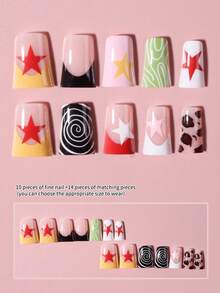 24片Y2K长款鸭嘴星豹纹法式美甲贴纸，完美贴合，亚克力假指甲套装包含：1片果冻胶和1个指甲锉，法式美甲，适合女性和女孩DIY日常、节日派对等场合。美甲用品 - 彩色 - 查看 4