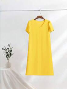 SuofeiMan Váy cổ chữ V thanh lịch mới, váy dài vừa vặn màu trơn đa năng, phù hợp mặc đi làm và thường ngày, mùa hè/thu - Màu vàng - Xem 3
