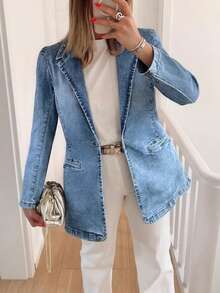 Women's Denim Blazer Jacket Casual Notched Lapel Jean Coat Long Sleeve Button Down Office Outwear With Pockets - Rửa nhẹ - Xem 2