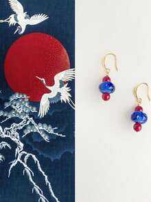 1 Pair Of Original Red And Blue Contrasting Glass Stone Earrings, Natural Agate, Women's Bohemian Style Earrings, New Chinese Style Suitable For Women's Parties, Evening Parties, Beach Vacations, Gifts - Multicolor - View 1