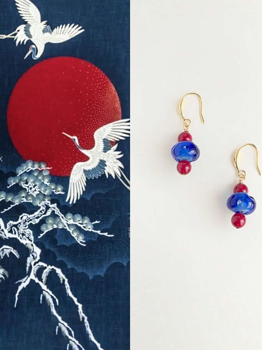 1 Pair Of Original Red And Blue Contrasting Glass Stone Earrings, Natural Agate, Women's Bohemian Style Earrings, New Chinese Style Suitable For Women's Parties, Evening Parties, Beach Vacations, Gifts - Multicolor - View 1