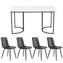 Dining Set (5-Piece), Dining Table With 4 Chairs, Modern Kitchen Table Set, 140*80cm Kitchen Table With Black Metal Legs, MDF Tabletop In White, Dark Grey Velvet Dining Chairs - Grey - View 1