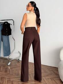 High Waist Plain Casual Comfortable Denim Pocket Zipper Button Jeans - Ginger - View 5