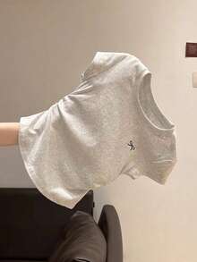 Girls' Butterfly Embroidery Pleated Fitted Round Neck T-Shirt, Casual Versatile Tee For Preteen - Light Grey - View 5