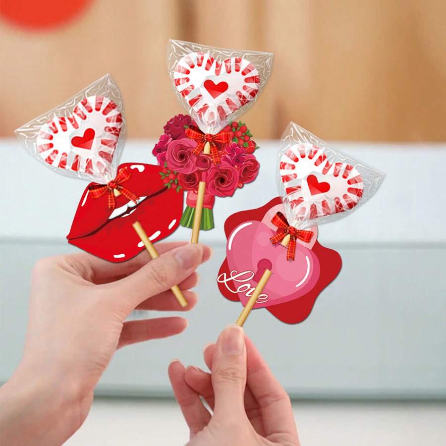 1/2 Sets - 8/16 Pcs Valentine's Day Lollipop Paper Card, Red Valentines Lollipop Paper Card Holder For Candy, Gift Package Wrapping Lollipop Decoration For Valentines Wedding Date Holiday Supplies