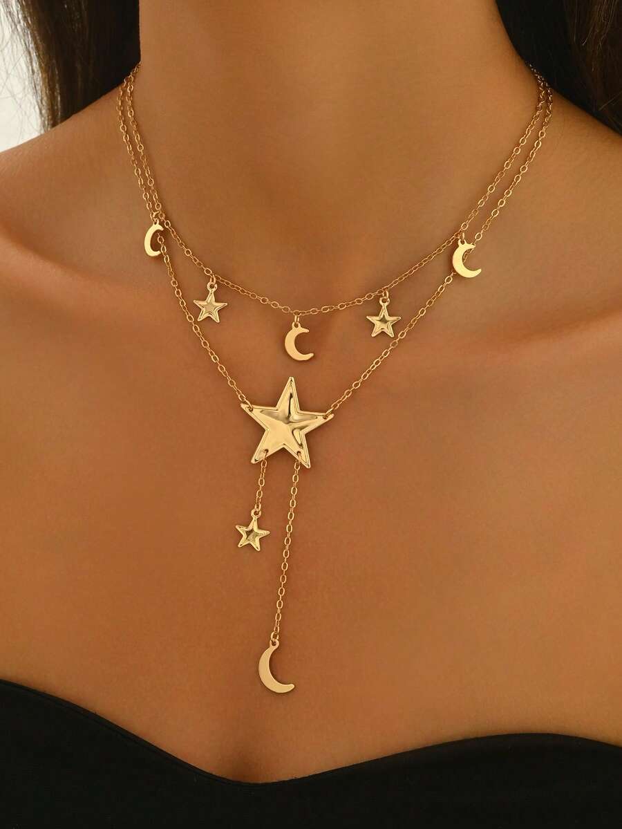 1 pieza Collar con colgante de luna creciente y estrella vintage, collar largo minimalista de varias capas, adecuado para festivales, fiestas, accesorios - Dorado - Ver 1