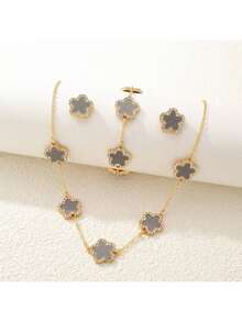 Bộ trang sức 4 món kiểu Ins-Style hình cỏ ba lá khảm vỏ sò nhiều màu sắc và đính đá rhinestone, mạ vàng (dây chuyền + vòng tay + bông tai), phụ kiện thời trang đa năng dùng hàng ngày. - bộ đồ - Xem 14