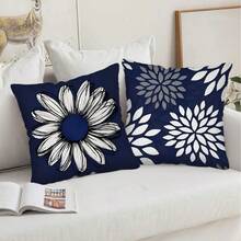TOPSSCTR Set de 4 fețe de pernă cu imprimeu floral albastru - floarea-soarelui, margarete și flori geometrice pentru decor modern al casei, 45 x 45 cm, huse de pernă pătrate din poliester moale, confortabile, lavabile la mașină, cu închidere cu fermoar, perfecte pentru decorul canapelei în sufragerie, decorul dormitorului, fără miez de pernă - Multicolor - Vizualizare 4
