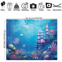 Unterwasser-Schloss Meerjungfrau-Thema Hintergrund mit Fischen, Korallen und Ozean-Elementen, geeignet als Requisite für Meerjungfrau-Themen Porträtfotografie Banner, Vinyl - Blau - Übersicht 7